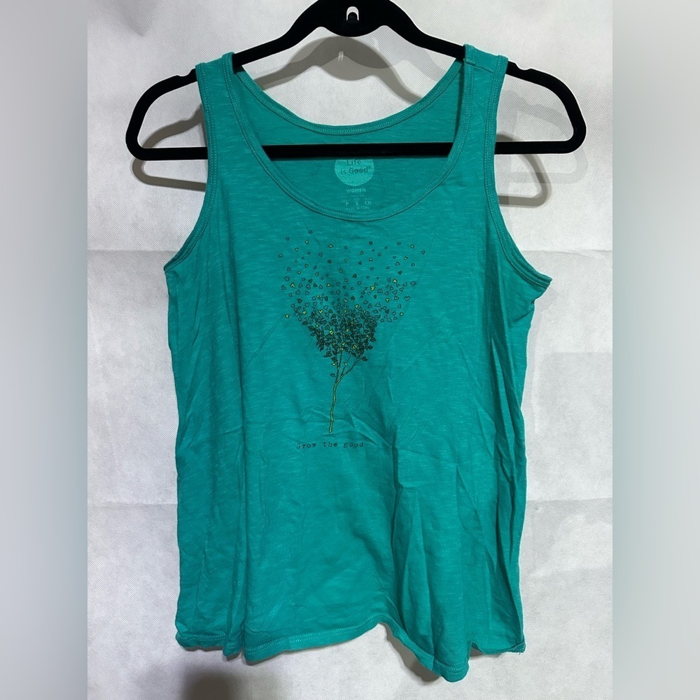 Life is Good Top Women’s S Teal Green Classic Fit Tank Grow Tree Nature Hearts